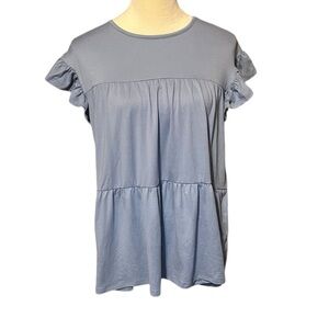 Stretchy slate blue ruffle sleeve layered top women's small from boutique NWOT